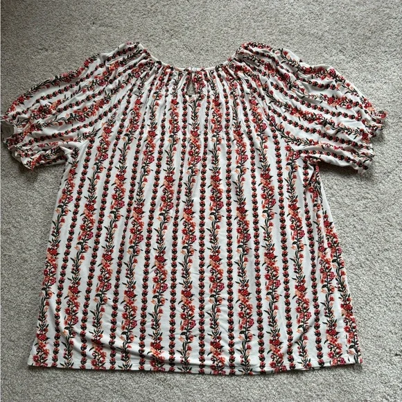 Ann Taylor White and Orange Puff Sleeve Ruched Blouse - Picture 2 of 5